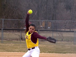 Shae Carriere pitches during the Saints home tournament which they won over the weekend (Johnna Ruocco/THE GRAPHIC)