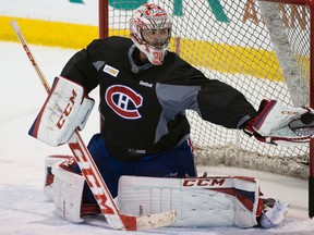 Canadiens goaltender Carey Price makes a save at his team's practice facility in Brossard on Monday, May 5, 2014. (Ben Pelosse/QMI Agency)