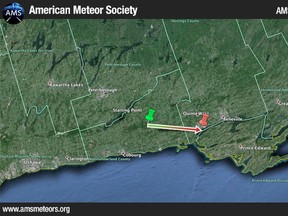 The estimated trajectory of the Peterborough fireball, according to reports sent to the American Meteor Society. AMERICAN METEOR SOCIETY MAP