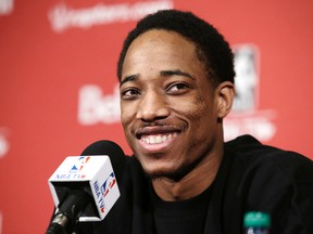 Raptors' DeMar DeRozan chats with the media on Monday at the Air Canada Centre. (CRAIG ROBERTSON/TORONTO SUN)