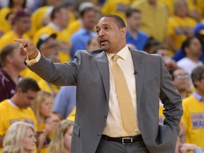 Golden State Warriors coach Mark Jackson instructs against the Los Angeles Clippers during the second quarter in Game 6 at Oracle Arena. (Kyle Terada/USA TODAY Sports)