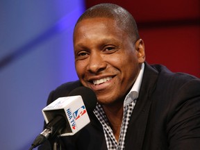 GM Masai Ujiri talks with the media at the Raptors' year-end press conference at the Air Canada Centre on Tuesday. (CRAIG ROBERTSON/Toronto Sun)