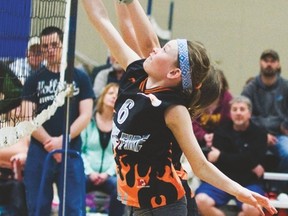 A Prairie Fire player hits the ball back to her opponent during the 12U Triple Ball tournament at Southport Recreation Centre on May 3. (Svjetlana Mlinarevic/The Graphic/QMI Agency)