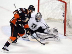 Anaheim Ducks left winger Patrick Maroon (62) prepares to shoot and score a goal against Los Angeles Kings goalie Jonathan Quick (32) during the first period in Game 2 of the second round of the 2014 Stanley Cup Playoffs at Honda Center. (RICHARD MACKSON/USA TODAY Sports)