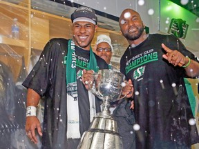 Kory Sheets (left) has left the Saskatchewan Roughriders for greener pastures, but Darian Durant is still around. (REUTERS)