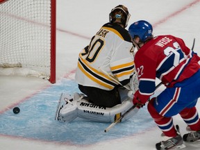Montreal Canadiens' Dale Weise beats Boston Bruins goalie Tuukka Rask in Game 3 on May 6. (Martin Chevalier, QMI Agency)