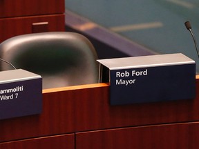 Mayor Rob Ford's empty chair at council. (MICHAEL PEAKE/Toronto Sun)