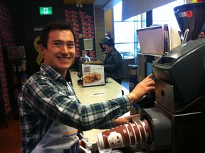 Patrick Chan served up McMuffins and took drive-thru orders as part of McHappy day at the McDonalds on Osborne Wednesday.