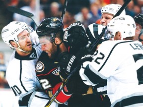 Anaheim's Patrick Maroon tries to break through a wall of Los Angeles Kings during Game 2. The Ducks are in danger of falling into a 3-0 hole in the series. (Getty Images/AFP)