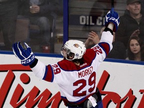 The Edmonton Oil Kings Mitchell Moroz (29) celebrates his goal against the Portland Winterhawks during second period WHL finals action at Rexall Place, in Edmonton Alta., on Wednesday May 7, 2014.. David Bloom/Edmonton Sun/QMI Agency