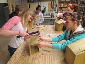 Megan Fleckie, left, and Brittany Edwards, both students at Alexander Mackenzie Secondary School in Sarnia, work together building a birdhouse during a Women in Skilled Trades Day Thursday at Lambton College. (PAUL MORDEN, The Observer)