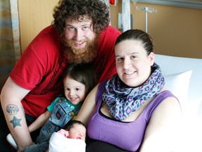 Liliana Parker was born on Sarnia’s 100th birthday on May 7, 2014 at Bluewater Health. She is pictured with dad Brian, mom Jessie-Lee, and brother Freddie. SUBMITTED PHOTO