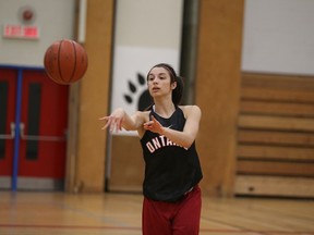Sudbury Jam U17 point guard Laura Graham makes a pass during practice at Macdonald Cartier last Sunday. The Jam, ranked third in the province, open the OBA provincial championships Friday night at Laurentian University when they face the London 86ers at 6 p.m.
