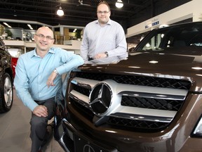 Mercedes-Benz Winnipeg general sales manager Mark Kelly (l) and service manager Dean Peterson in their showroom in Winnipeg, Man. Tuesday May 06, 2014. The dealership will be building a new facility which will open next year.
Brian Donogh/Winnipeg Sun/QMI Agency