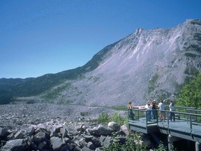 A view of 82 million tonnes of rocks and boulders that sheared off and down the Turtle Mountain in 90 seconds. The picture is taken from lookout at the visitors centre. File photo.