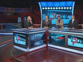 Local rapper B. Rich, centre, with the TSN NHL panel, from left, James Duthie, Aaron Ward, Martin Biron and Bob McKenzie. (TSN)