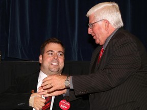 Gino Donato/The Sudbury Star      
Andrew Olivier is congratulated by outgoing MPP Rick Bartolucci on winning the Liberal nomination for the Sudbury riding.