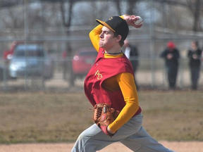 Tanner Blight of the PCI Trojans baseball team throws a pitch during a game earlier in the season. (Kevin Hirschfield/THE GRAPHIC/QMI AGENCY)