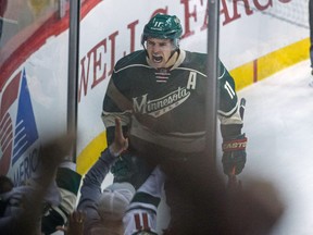 Minnesota Wild forward Zach Parise celebrates his goal during the third period against the Chicago Blackhawks in Game 3 at Xcel Energy Center. (Brace Hemmelgarn/USA TODAY Sports)