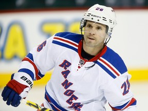 Martin St. Louis warms up with the New York Rangers before NHL action against the Calgary Flames in Calgary, Alta. on Friday March 28, 2014. (Lyle Aspinall/Calgary Sun/QMI Agency)