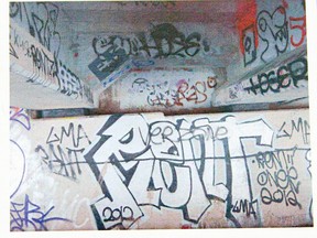 Photos of graffiti tags taken by city staff before being removed in London. (CRAIG GLOVER, The London Free Press)