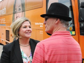 NDP leader Andrea Horwath made a campaign stop in Woodstock Friday afternoon. Horwath stands with Bryan Smith the Oxford NDP candidate. (TARA BOWIE, QMI Agency)