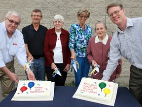 Face from the past and present helped cut the cakes during the Kingston Christian School's 50th anniversary Legacy Celebration held at Woodbine Road school on Friday. Karl Reid (l-r) , Hugo Marcus, Rollie Hiddema, Corry Kelderman, Maria Berghout and William Vander Wilp.
Julia McKay/Kingston Whig-Standard/QMI Agency