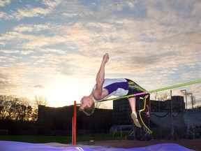 Cody Salomons practises high jump at TD Stadium at Western University. Born without a fibula, Salomons has used an artificial leg since he was a baby and now relies on his carbon fibre J-footed ‘blade’ leg. (MIKE HENSEN, The London Free Press)