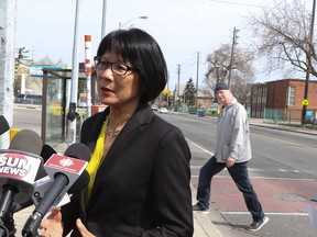 Mayoral candidate Olivia Chow holds a press conference at the corner of Royal York Rd and Mimico Ave., in front of a crosswalk on Friday May 9, 2014. Veronica Henri/Toronto Sun/QMI Agency