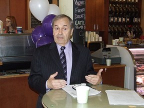 Former Greater Sudbry Mayor John Rodriguez addresses reporters Friday after filing his candidacy  papers at Tom Davies Square. HAROLD CARMICHAEL/SUDBURY STAR/QMI AGENCy