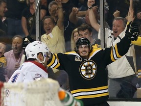 Loui Eriksson of the Boston Bruins celebrates his goal at 14:21 of the third period against the Montreal Canadiens during Game 5 at the TD Garden on May 10, 2014. (Bruce Bennett/Getty Images/AFP)