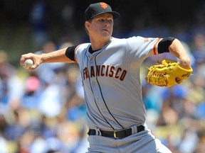 San Francisco Giants starting pitcher Matt Cain throws against the Los Angeles Dodgers at Dodger Stadium in Los Angeles, May 10, 2014. (GARY VASQUEZ/USA Today)