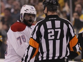 P.K. Subban of the Montreal Canadiens argues with referee Eric Furlatt after a third-period altercation with Shawn Thornton of the Boston Bruins while on the bench during Game 5 at the TD Garden on May 10, 2014. (Bruce Bennett/Getty Images/AFP)