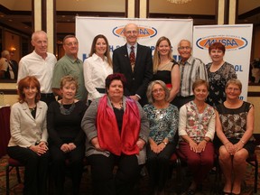 2014 Manitoba High School Hall of Fame inductees: Back row (left to right): James Harrison, Fred Kelesnik, Lesley Lee (Hanford), Ted Stoesz, Sami Jo Small, Dave McNabb, Susan Bodie (Boroski). Front row: Janet Walker, Linda Walker, Margaret Sader, Chris Scalena (Pidzarko), Cathy Shaw (Pidzarko), Maureen Voss (Jackson). RUSTY BARTON/Maniotba High Schools Athletic Association