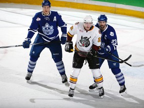 Marlies’ Korbinian Holzer (left) and Trevor Smith (right) keeps tabs 
on Wolves’ Dmitrij Jaskin last night at Allstate Arena in Chicago. (Ross Dettman/Chicago Wolves)