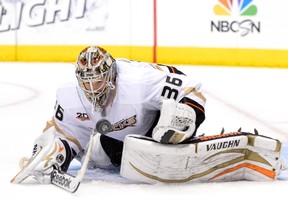 John Gibson of the Anaheim Ducks makes a save against the Los Angeles Kings during the second period in Game 4 at the Staples Center on May 10, 2014.  (Harry How/Getty Images/AFP)