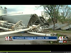 Tornado damage in Orrick, Mo. (KSHB video screenshot)