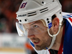 Rick Nash of the New York Rangers waits for a first-period faceoff against the Philadelphia Flyers in Game 6 at the Wells Fargo Center on April 29, 2014. (Bruce Bennett/Getty Images/AFP)