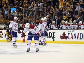 Max Pacioretty and the Montreal Canadiens react to going down 4-1 in the third period against the Boston Bruins during Game 5 at the TD Garden on May 10, 2014. (Bruce Bennett/Getty Images/AFP)