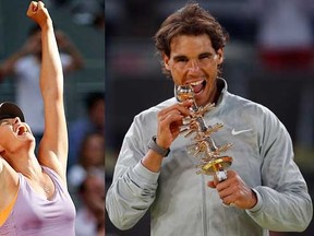 Rafa Nadal and Maria Sharapova celebrate winning the men's and women's Madrid Open titles. (REUTERS)