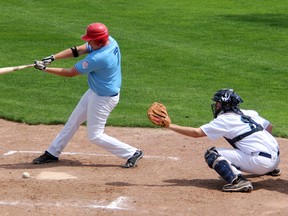 Sarnia Braves designated hitter (Randy Thingstad) grounds a ball just fair during the Braves' home opener on Sunday, May 11. Thingstad had one hit, a single, in Sarnia's 12-1 loss to the Windsor Stars. SHAUN BISSON/THE OBSERVER/QMI AGENCY