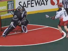 This photo issued by the NLL suggests Curis Dickson's foot did not touch the crease until after the penalty-shot goal went in. (Supplied)
