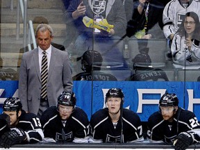 Coach Darryl Sutter patrols the Los Angeles Kings bench during Game 4 against the Anaheim Ducks. (Kirby Lee/USA TODAY Sports)