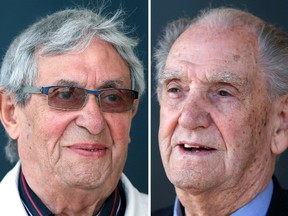 A combination photo shows the French former member of the Kieffer's green berets commando, Leon Gautier (R), aged 91, and former German army paratrooper Johannes Borner (L), aged 88, outside the number 4 Anglo-French commando museum at Ouistreham, Western France, April 30, 2014.
REUTERS/Charles Platiau/Files