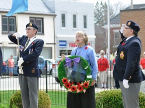 Ted Mabb (left), Dory Hocking and Mitchell Legion, br. 128 President Steve Walkom took part in the National Day of Honour ceremony last Friday, May 9 at the Mitchell cenotaph. ANDY BADER/MITCHELL ADVOCATE