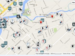 A screen capture showing the Crime Plot data for the downtown Chatham area for the period covering May 5 to May 12. The different types of icons show different types of events.