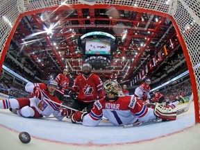 Canada scores against Czech Republic goaltender Jakub Kovar during their world hockey championship game at Chizhovka Arena in Minsk, Belarus, May 12, 2014. (VASILY FEDOSENKO/Reuters)