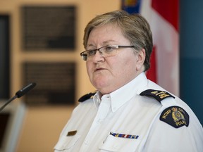 Deputy commissioner Marianne Ryan speaks Monday at RCMP 'K' Division's Edmonton headquarters about the St. Paul shootings. (IAN KUCERAK/Edmonton Sun)