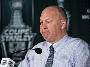 Bruins coach Claude Julien speaks at news conference after Game 6 in Montreal. (QMI AGENCY)
