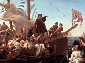 Christopher Columbus on Santa Maria in 1492 in a painting by Emanuel Leutze from 1855. (Wikipedia)